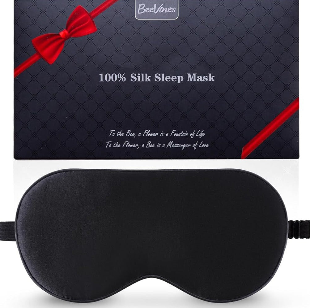 Silk Sleep Mask, 2 Pack Mulberry Silk Eye Mask with Adjustable Strap, Sleeping Aid Blindfold for Nap,  Eye Sleep Shade Cover, 100% Blocks Light Reduces Puffy Eyes Gifts for Christmas (Black)