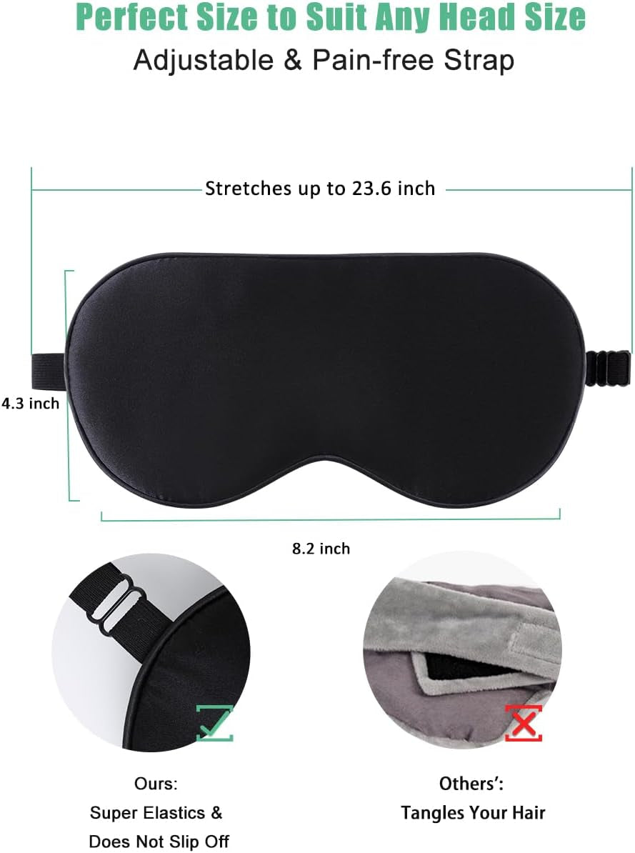 Silk Sleep Mask, 2 Pack Mulberry Silk Eye Mask with Adjustable Strap, Sleeping Aid Blindfold for Nap,  Eye Sleep Shade Cover, 100% Blocks Light Reduces Puffy Eyes Gifts for Christmas (Black)